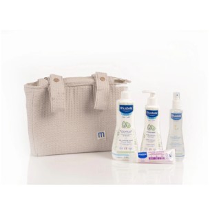 Mustela Bolsa Paseo Beige con Agua de Peinado 200 ml + Bálsamo Pañal 50 ml + Hydra Bebé 300 ml + Gel de baño 500 ml