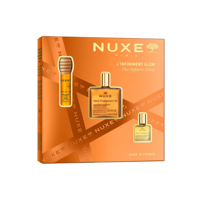 Nuxe Pack Glow Infinito Huile Prodigieuse Or 50 ml + Labial Reve de Miel 10 ml + Huile Prodigieuse 10 ml