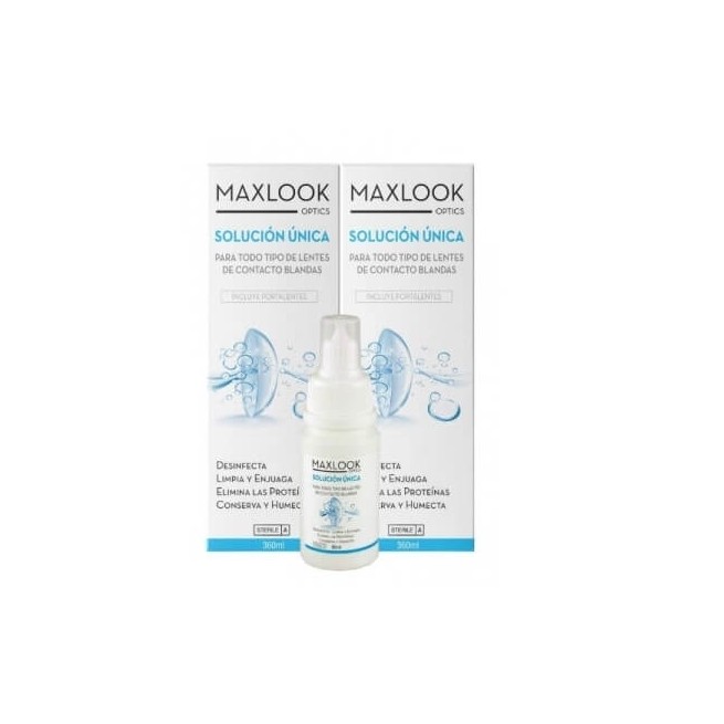 Maxlook Optics Solución Única Pack 2 X 360 ml + 60 ml + Portalentes. Para Mantener y Limpiar Las Lentes de Contacto Blandas.