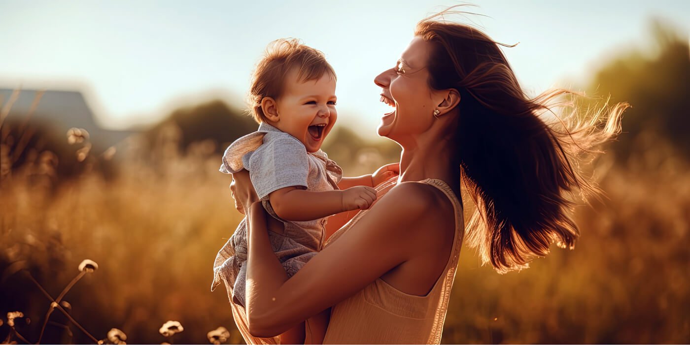 madre e hijo pequeño felices en el campo